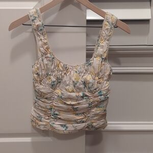 ANTONIO MELANI Floral Ruched Tank Top - Cream and Yellow